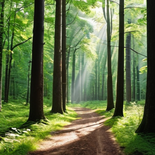 Home 15 **Prompt 1:** "A mystical, ancient forest in Latvia, reminiscent of Gauja National Park. Sunlight filters through a dense canopy of lush green leaves, creating a dappled effect on the forest floor. A narrow, peaceful path winds through the tall trees, evoking a sense of deep tranquility and untouched nature. The atmosphere is serene and ethereal."