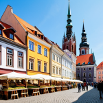 A group of individuals, fully clothed in modest, appropriate attire, exploring the vibrant, historic Old Town of Riga, Latvia. The cobblestone streets are lined with beautifully preserved Gothic and Art Nouveau architecture, featuring intricate facades and red-tiled roofs, with the iconic spire of St. Peter's Church visible in the background. In the foreground, a bustling outdoor market stall showcases local handicrafts and fresh produce. Professional photography, high detail, sharp focus, natural lighting, perfect anatomy, correct proportions, natural pose, well-formed hands, proper finger count, natural body proportions, safe for work, appropriate content, fully clothed, family-friendly.