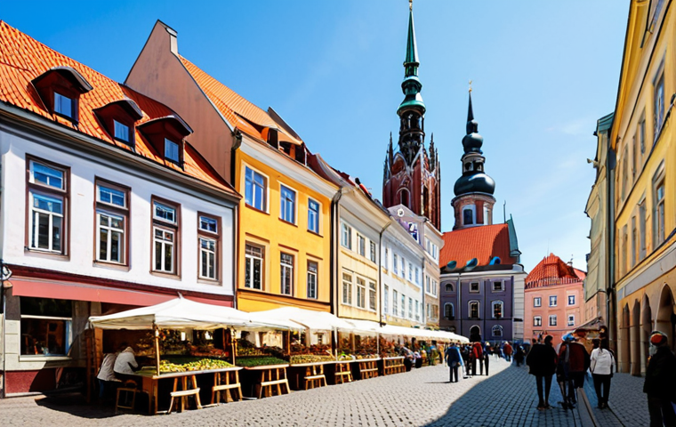 A group of individuals, fully clothed in modest, appropriate attire, exploring the vibrant, historic Old Town of Riga, Latvia. The cobblestone streets are lined with beautifully preserved Gothic and Art Nouveau architecture, featuring intricate facades and red-tiled roofs, with the iconic spire of St. Peter's Church visible in the background. In the foreground, a bustling outdoor market stall showcases local handicrafts and fresh produce. Professional photography, high detail, sharp focus, natural lighting, perfect anatomy, correct proportions, natural pose, well-formed hands, proper finger count, natural body proportions, safe for work, appropriate content, fully clothed, family-friendly.