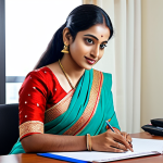 라트비아 범죄율 - A professional businesswoman in a modest, traditional Bengali saree, working at a desk in a modern o...