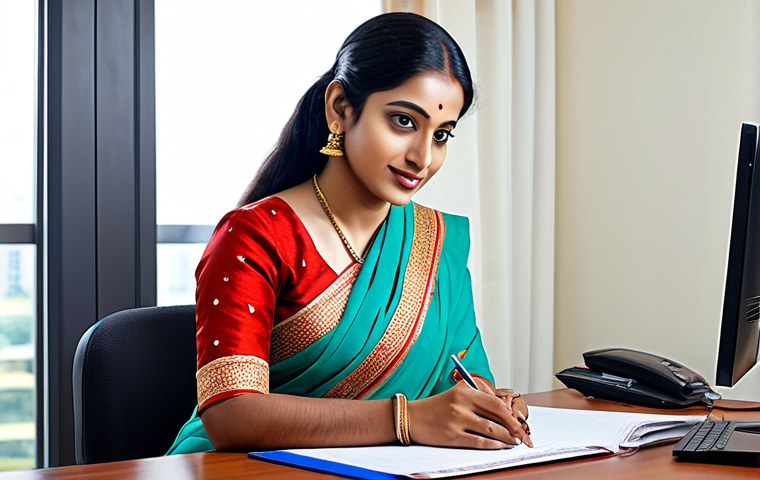 라트비아 범죄율 - A professional businesswoman in a modest, traditional Bengali saree, working at a desk in a modern o...