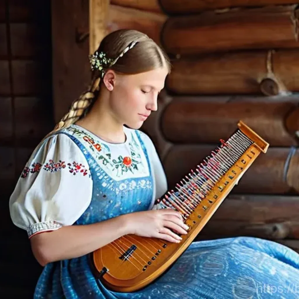 라트비아 전통 악기 - **Prompt for Kokle (Latvian Zither):**
"A young Latvian woman, with long braided hair adorned wi...