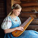 라트비아 전통 악기 - **Prompt for Kokle (Latvian Zither):**
    "A young Latvian woman, with long braided hair adorned wi...