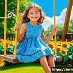 라트비아 기차 여행 팁 - A young girl, around 6 years old, wearing a colorful sundress with floral prints, sitting on a swing...
