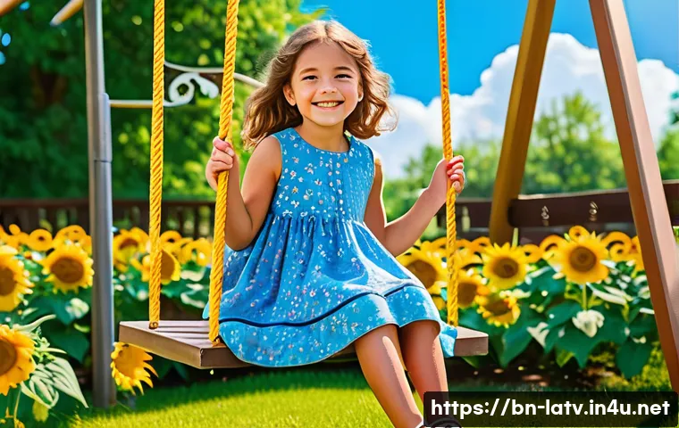 라트비아 기차 여행 팁 - A young girl, around 6 years old, wearing a colorful sundress with floral prints, sitting on a swing...